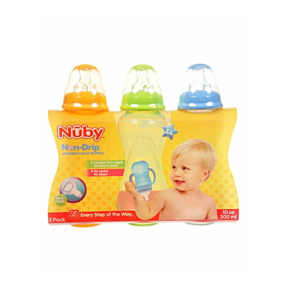 Nuby 3-Pack Non-Drip Standard Neck Bottles (10 oz.) - lime/blue, one size