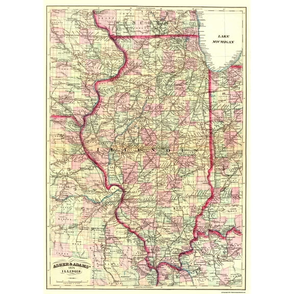 Historic State Map - Illinois - Asher  1874 - Vintage Wall Art