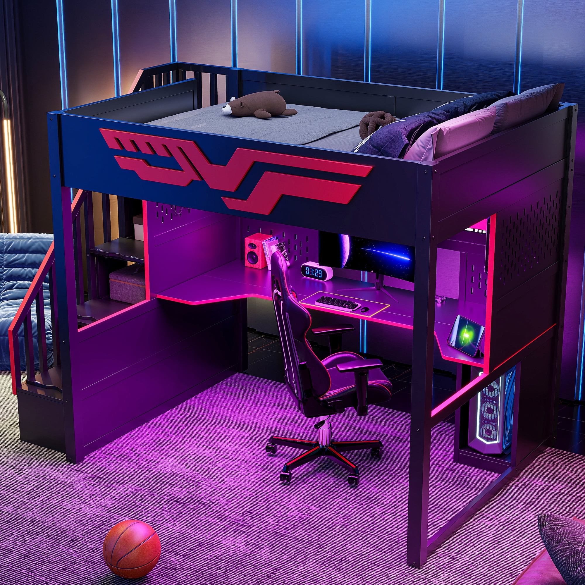 Euroco Wood Full Size Loft Bed with Desk and Staircase, Gaming Bed with LED Light and USB Charging, Black