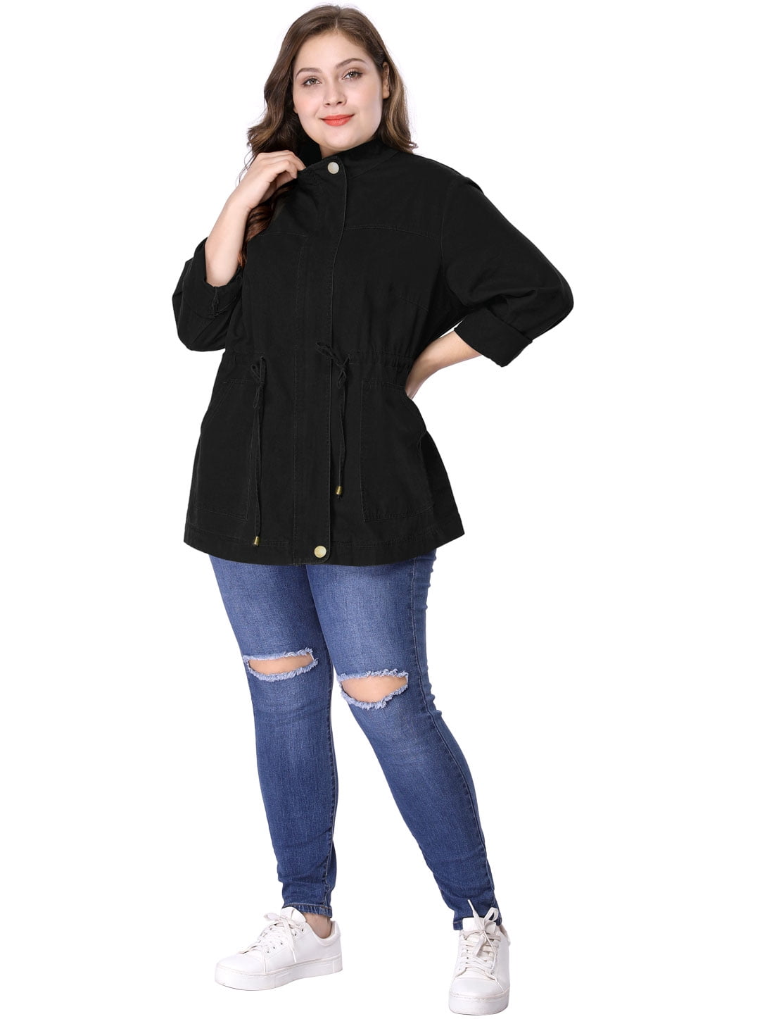 DARING DIVA Women's Plus Size Drawstring Waist Zip-up Utility Jacket 6X Black