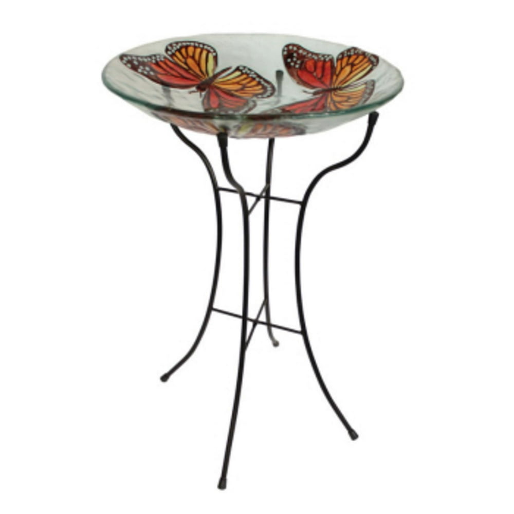 26" Enchanted Garden Monarch Butterfly Glass Birds Bath Feeder