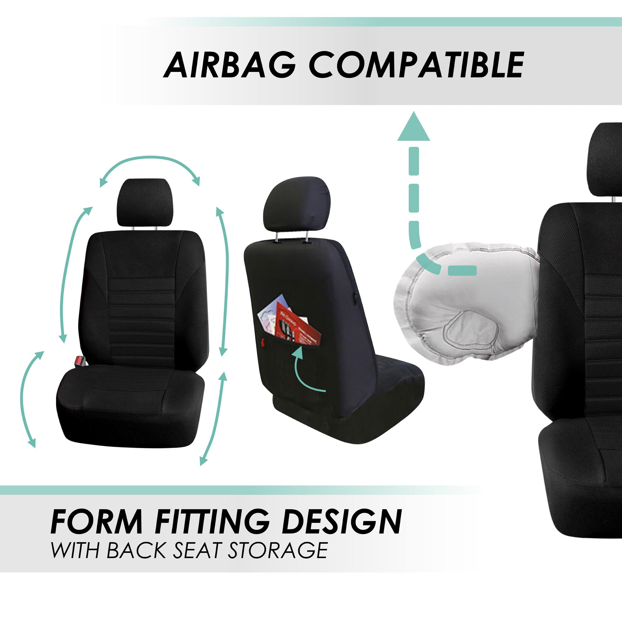 FH Group 3 Row Universal Fit Car Seat Covers Premium 3D Air Mesh with Removable Headrest,  Airbag Compatible for SUV, Sedan, Van Black - 7 Seater