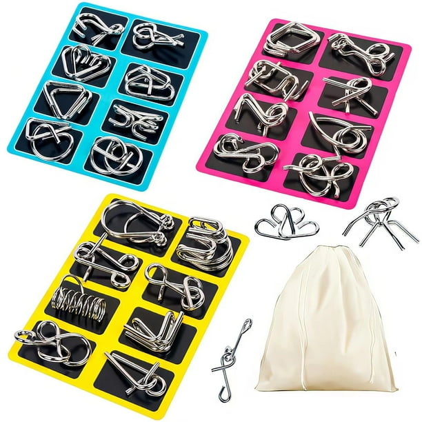 Juego de rompecabezas de alambre de Metal de 24 con bolsa, rompecabezas, prueba de inteligencia, desenredado, enlace de hierro, desbloqueo, juego de enclavamiento, anillo mágico chino
