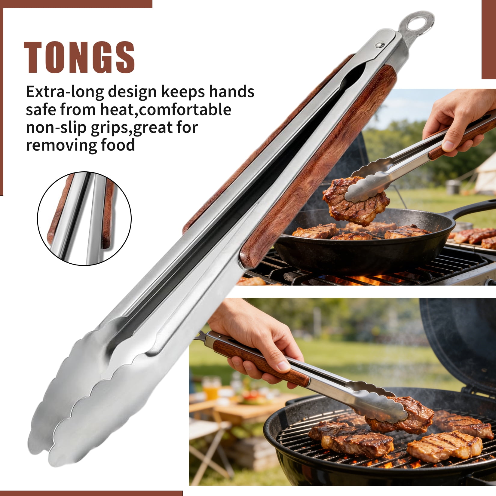 4PCS BBQ Grill Tools Set Stainless Steel Heavy Duty Grilling Accessories Kit with Spatula Tongs Fork Grill Brush Wooden Handle for Outdoor Camping Backyard Barbecue Cooking