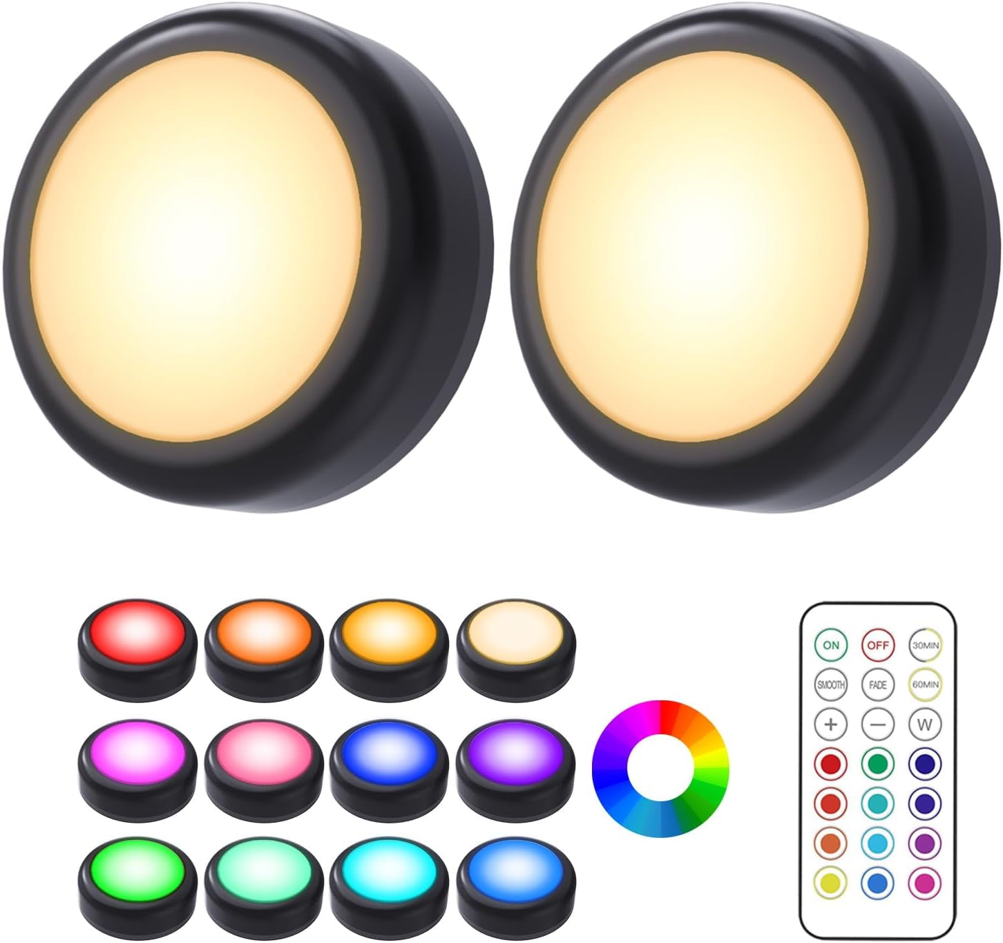 RGHJAR-Puck Lights, 2 Pack 13 Colors Changeable LED Puck lightings Battery Powered Dimmable Under Cabinet Lights, Battery Powered Under Counter Lights with 1 Wireless Remote Controls, Black