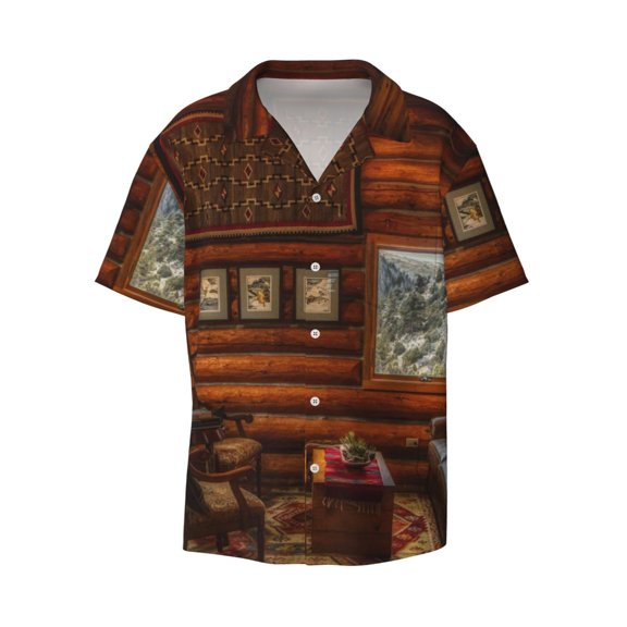 Kuqiui Log Cabin Inside Print Men's Button Down Shirts Short Sleeve Casual Shirts Hawaiian Shirts Vacation Wedding Shirts with Pocket-Small