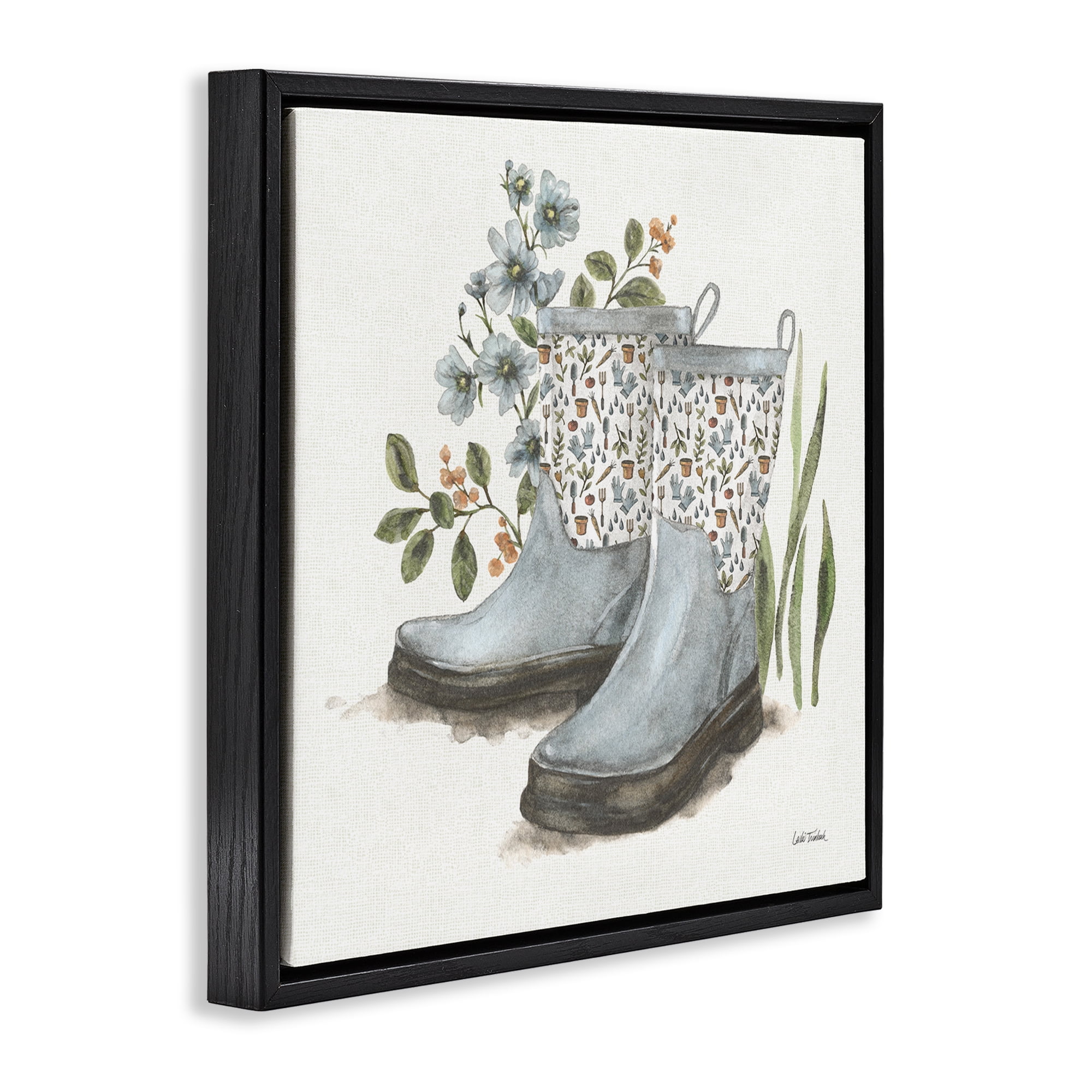 Stupell Industries Floral Gardening Boots Botanical & Floral Painting Black Floater Framed Canvas Art Print Wall Art, 25 x 25