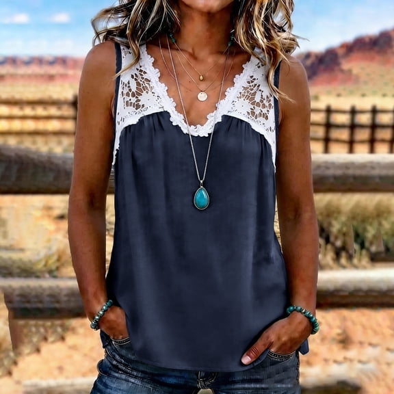 QUNYINEY Summer Tank Tops for Women Trendy Cotton Linen Colorblock Tops Lace V Neck Loose Fit Casual Sleeveless Tee Shirts Womens