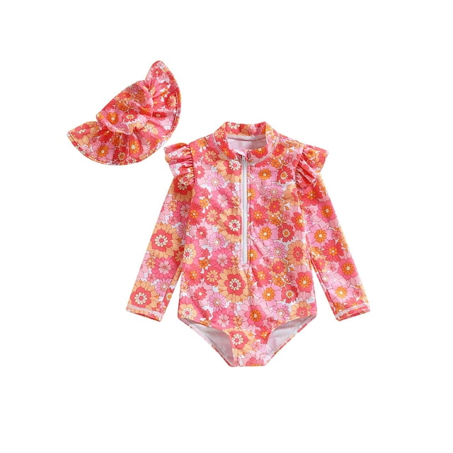 Inevnen Toddler Girls Rash Guard Swimsuit Summer Long Sleeve Floral
