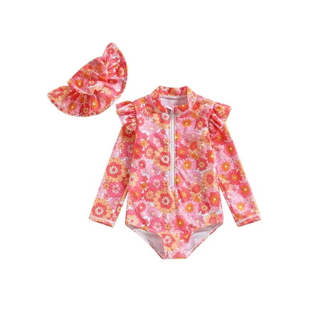 

Frobukio Kids Toddler Girls Rash Guard Swimsuit Summer Long Sleeve Floral Print Ruffle Bathing Suit Beach Wear Pink　0-6 Months