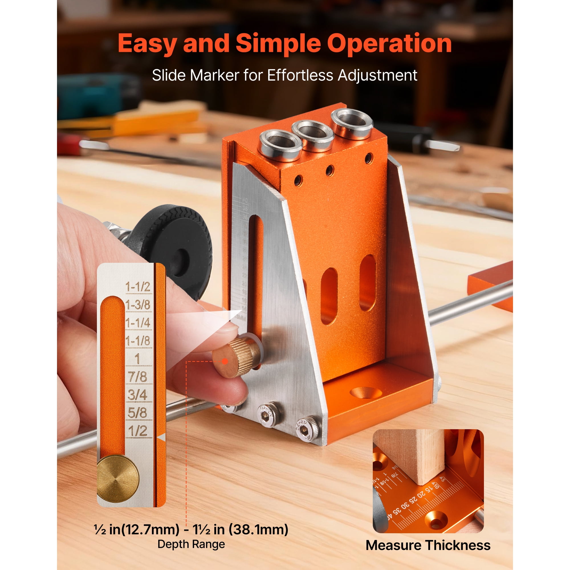 KFFKFF Adjustable Pocket Hole Jig Kit, Compatible with 1/2 to 1-1/2 Inch Materials, Includes Toolcase, C-Clamp, Step Drill, Hex Wrench, Drill Stop Ring, Square Drive Bit, Durable Metal Frame