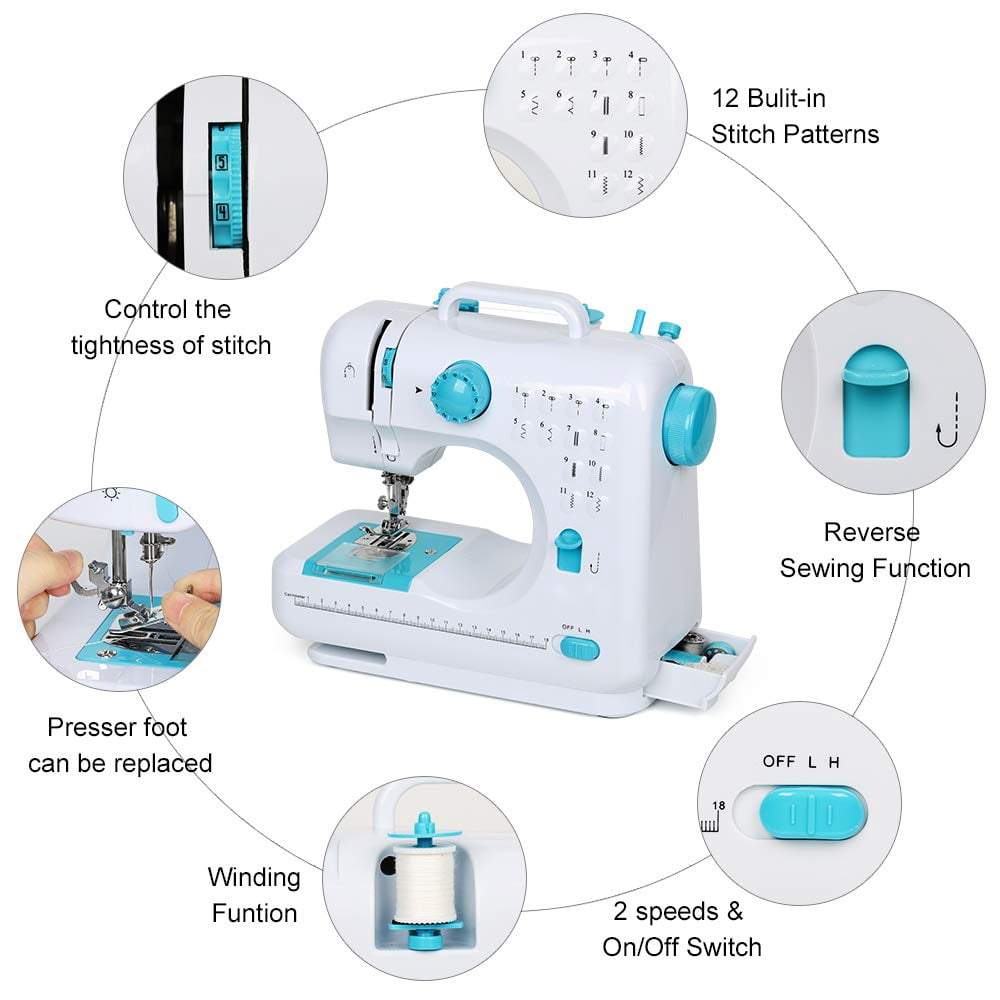 DEWIN Electric Sewing Machine Crafting Speed Crafting Mending Machine Portable Mini with 12 Built-in Stitches, 2 Speeds Double Thread, Embroidery,Foot Pedal for Beginners and Kids (White and Blue)