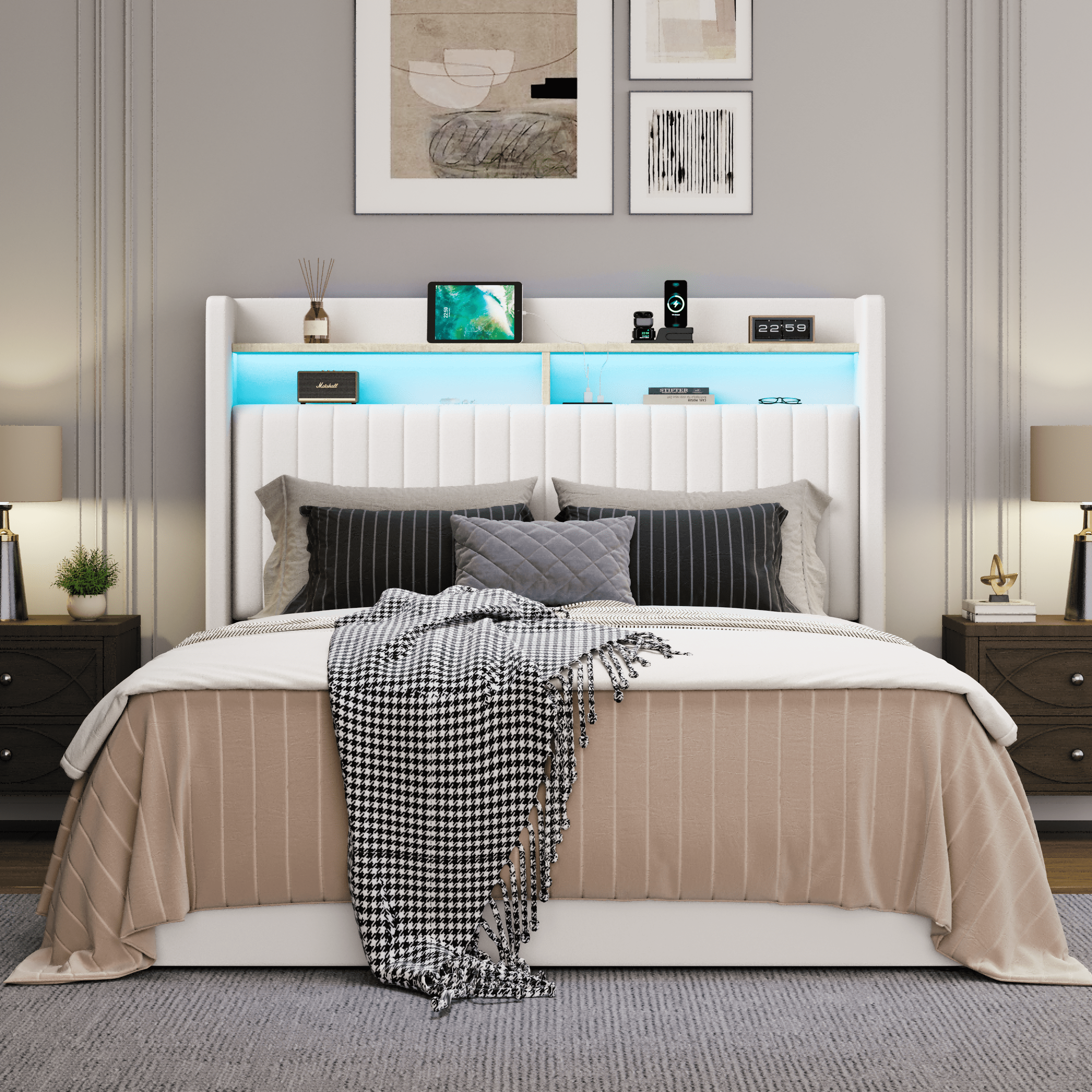 Amolife Full Hydraulic Lift-Up Storage Bed Frame, LED Headboard with Fast Charging (USB/Type-C), 2-Tier Shelves & Velvet Upholstered, White