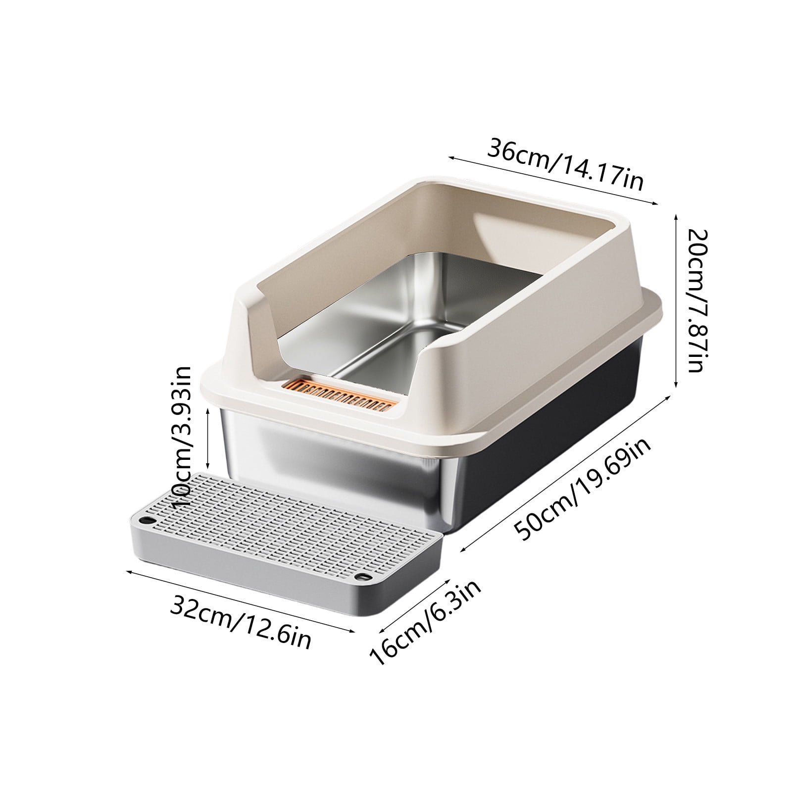 Stainless Steel High Sided Litter Box, Large Open Top Cat Litter Pan with Step Platform, Odor Resistant & Easy Clean, Non-Slip Kitty Tray with Scoop for Small & Large Cats
