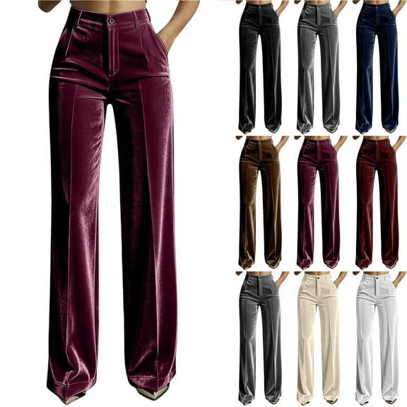 Bloomae Women's High Waisted Wide Leg Dress Velvet Pants Office Business Loose Casual Straight Leg Work Trousers Flowy Work Palazzo Pants with Pockets