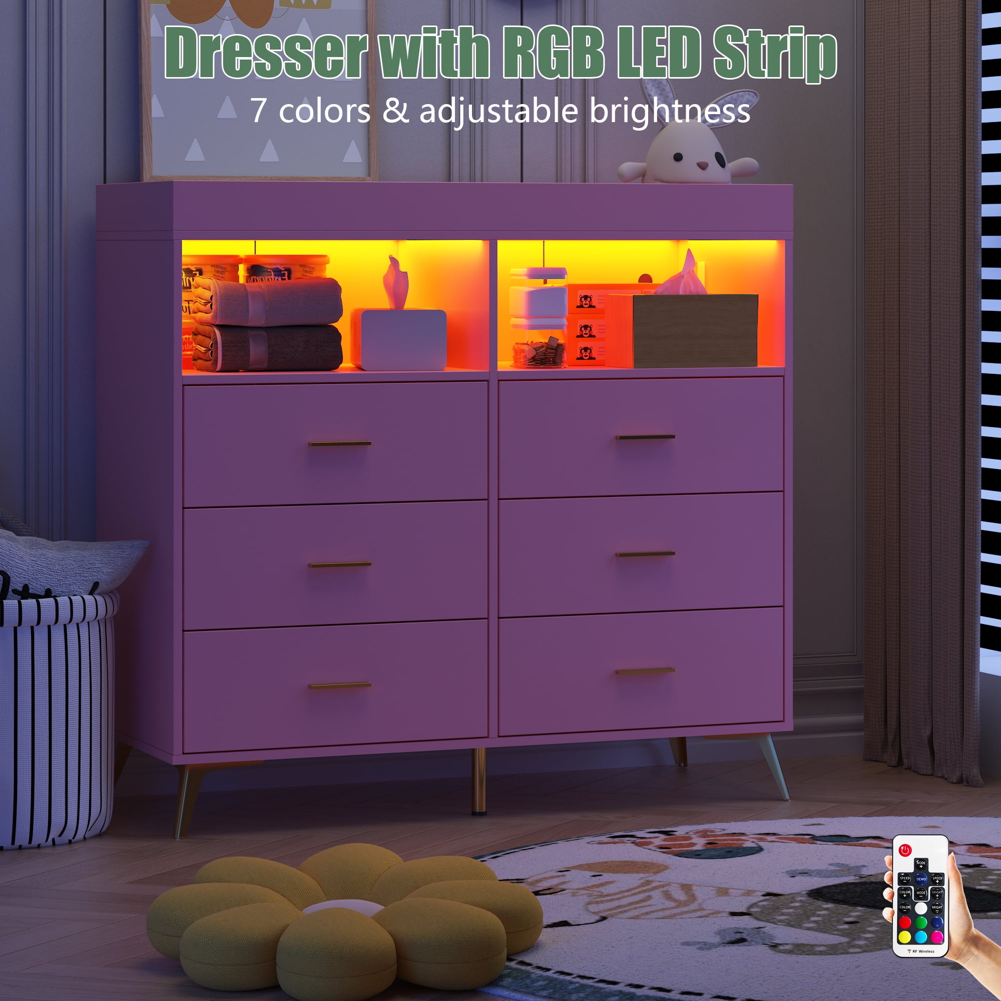 Towallmark Dressers for Bedroom with 6 Drawers,Changing Table Dresser with Changing Pad,LED Lights & Charging Station,Pink