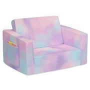 Delta Children Cozee 2-in-1 Convertible Sofa to Lounger - Comfy Flip Open Couch/Sleeper for Kids, Pink Tie Dye