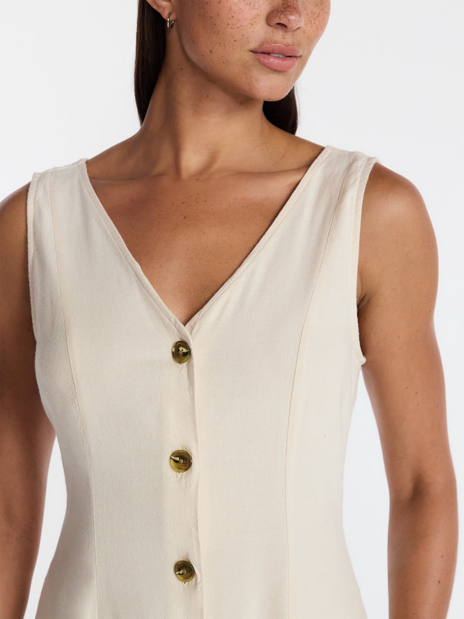 Time and Tru Women's Sleeveless Button Down Linen Blend Dress, Sizes XS-XXXL
