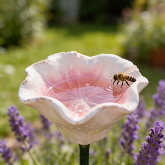 Ceramic Pollinator Watering Station, Handmade Flower Shaped Bird Bath Garden Stake, Colorful Water Feeder for Bees and Butterflies, Outdoor Yard Art 1.5x8.7 Inches