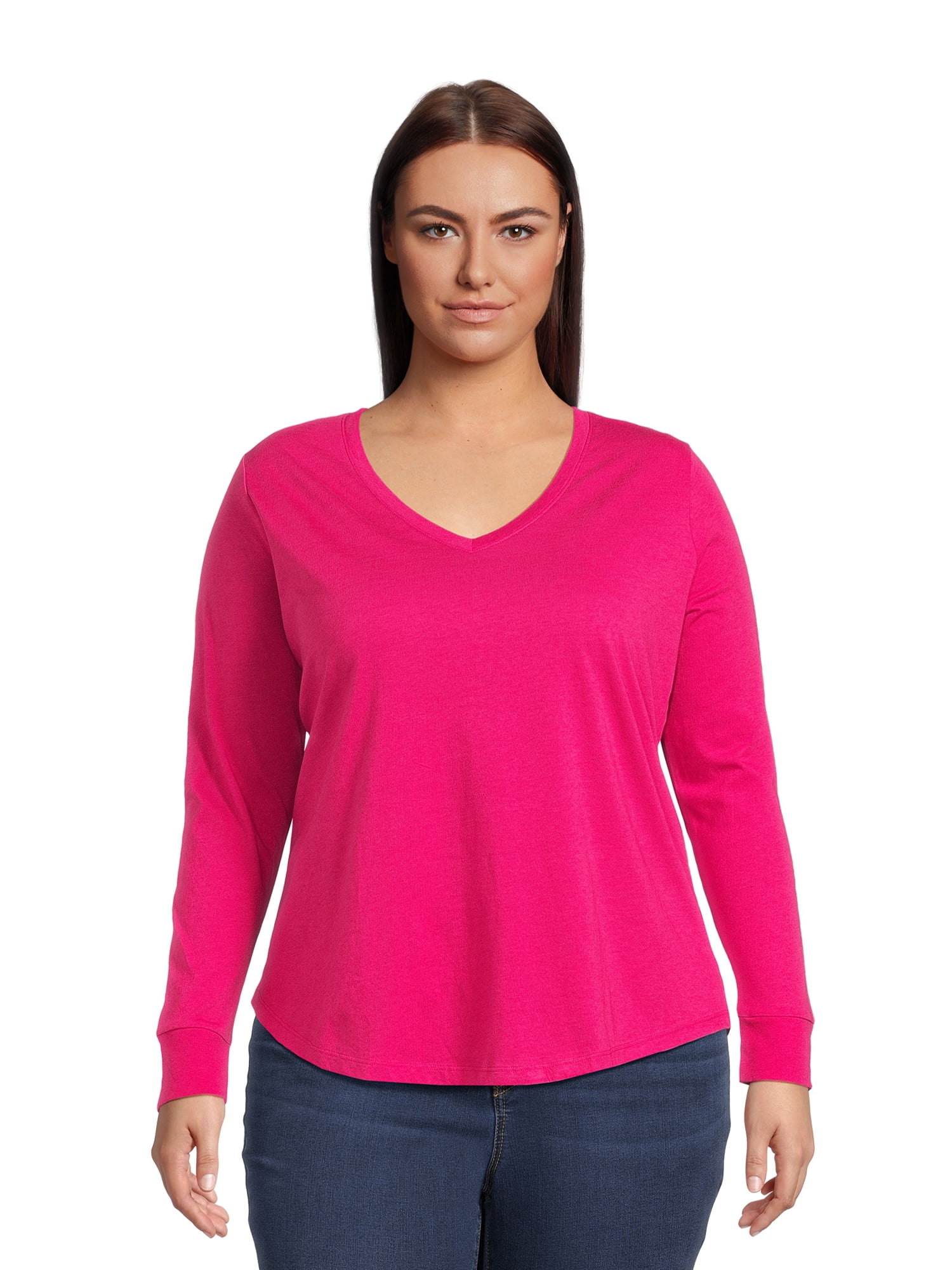 Terra & Sky Women's Plus Size Long Sleeve V-Neck T-Shirt, 2-Pack