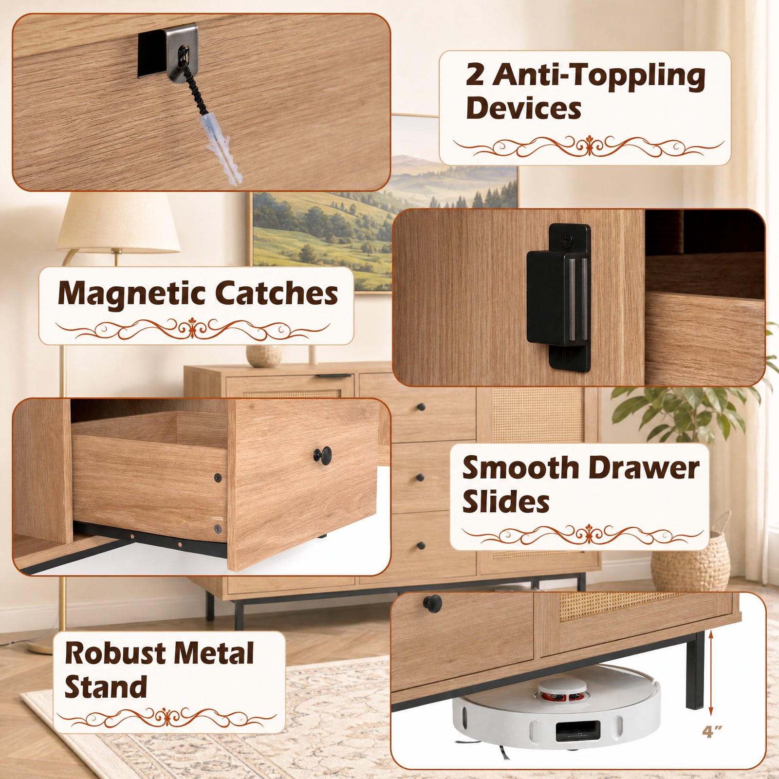 Furnibear Sideboard Buffet Cabinet Rustic Farmhouse Coffee Bar Table with 2 Rattan Doors and 3 Drawers for Kitchen Dining Living Room Buffet, Natural