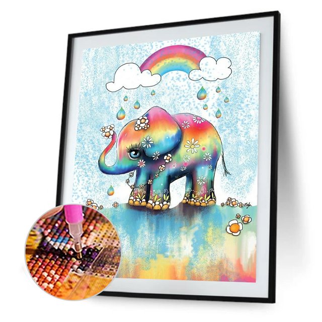 Cuadros Decorativos Kit de pintura de diamante 5D, elefante de arco iris de dibujos animados, taladro redondo completo, arte de mosaico DIY Tmvgtek embutido en tela