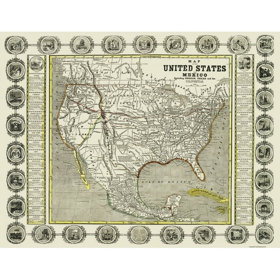 Historic Map - United States Mexico - Haven 1846 - Vintage Wall Art