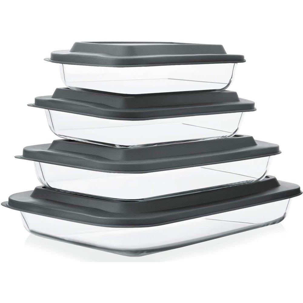 8Piece Deep Glass Baking Dish Set with Plastic lids,Rectangular Glass