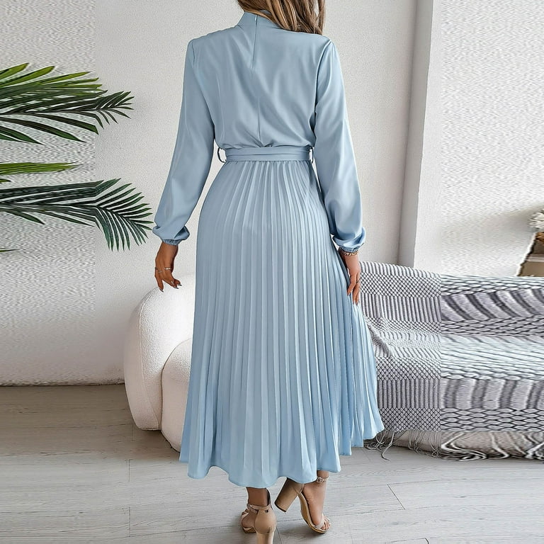 Women's Pleated Dress Solid Color Long Sleeve Stand Collar Midi