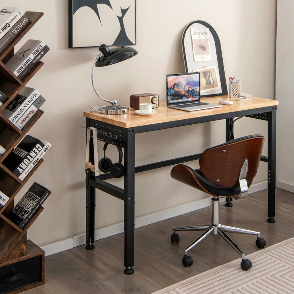 Demi Bonn 53" Adjustable Heavy-Duty Workbench with Rubber Wood Top for Home Office Sturdy Writing Workstation, Brown