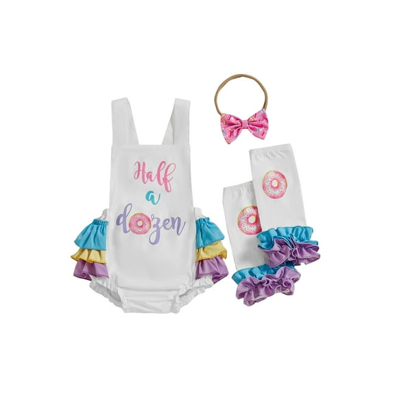 aturustex Toddler Girls Half Birthday Romper Outfits 3M 6M 12M Infant Baby Sleeveless Bodysuits Letter Donut Print Romper Square Neck Jumpsuits with Bmmer Clothes Beachwear for Holiday Party