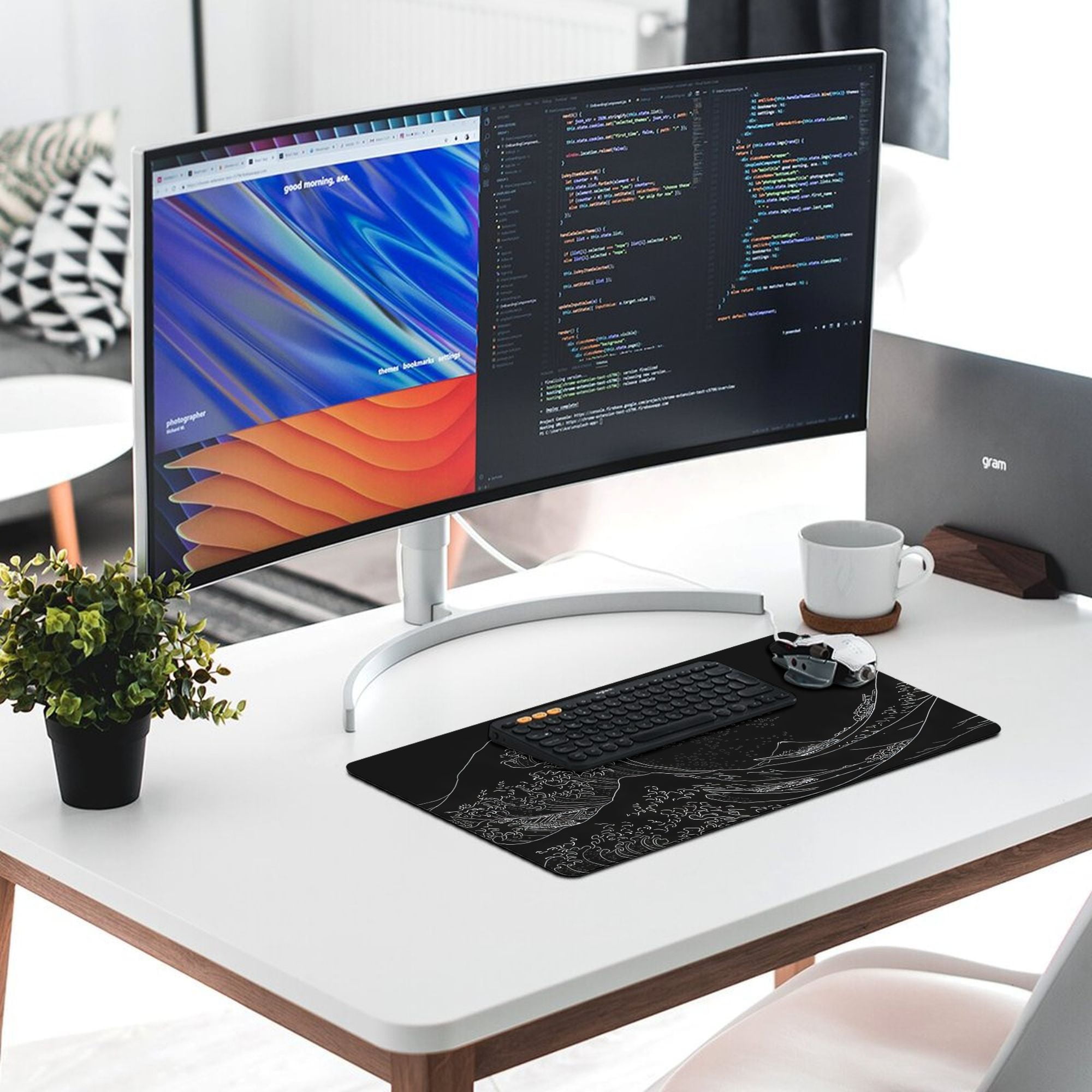 Japanese Sea Wave Mouse Pad Gaming Mousepad Large Mouse Pad for Keyboard and Mouse with Anti-Slip Rubber Base, Keyboard Pad Big Mouse Mat for Home and Office  35.4 x 15.7in