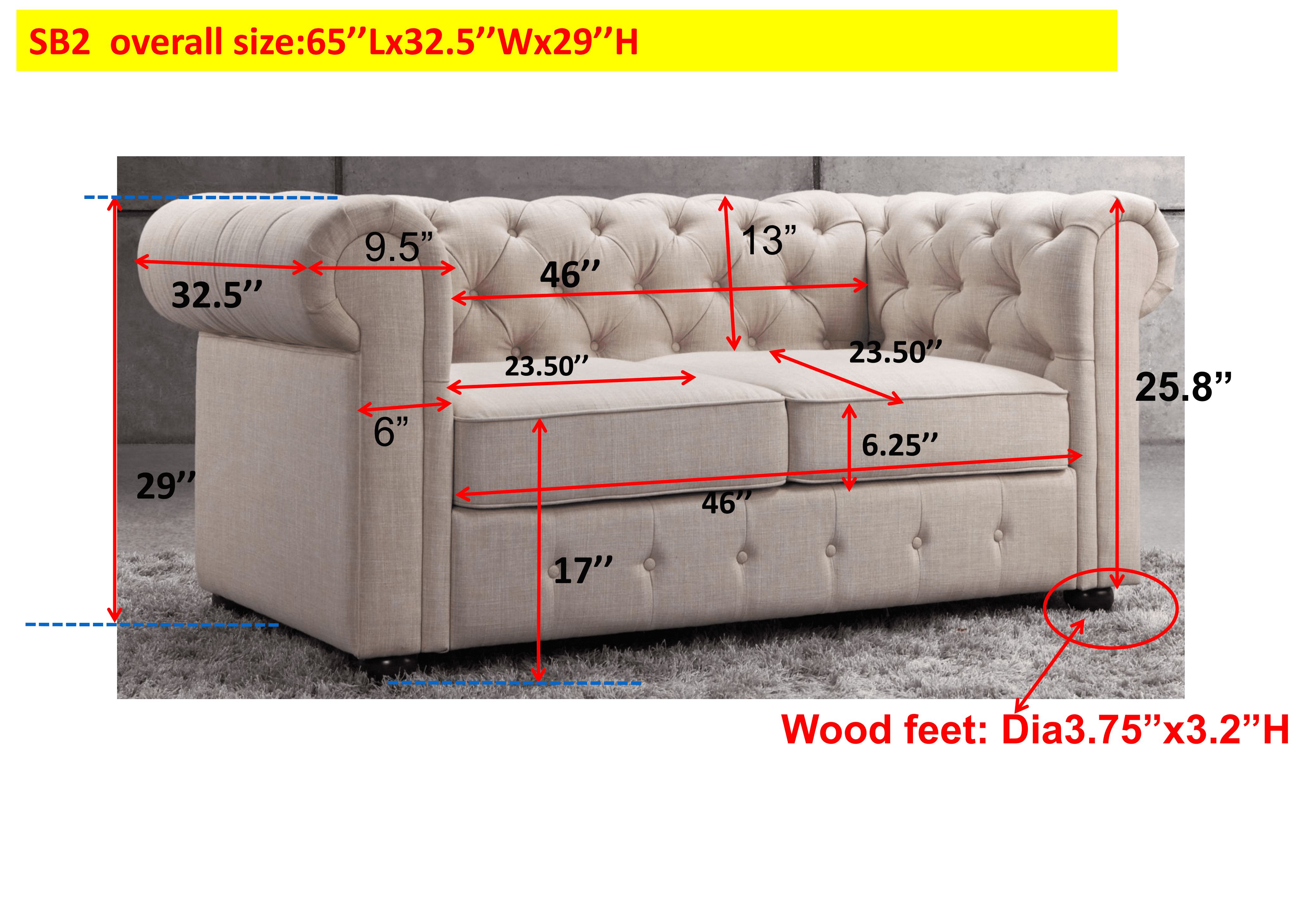 Gewnee Dark gray 65” Loveseat, Solid Wood Frame & Rubberwood Legs for Living Room, Apartment, Guest Room