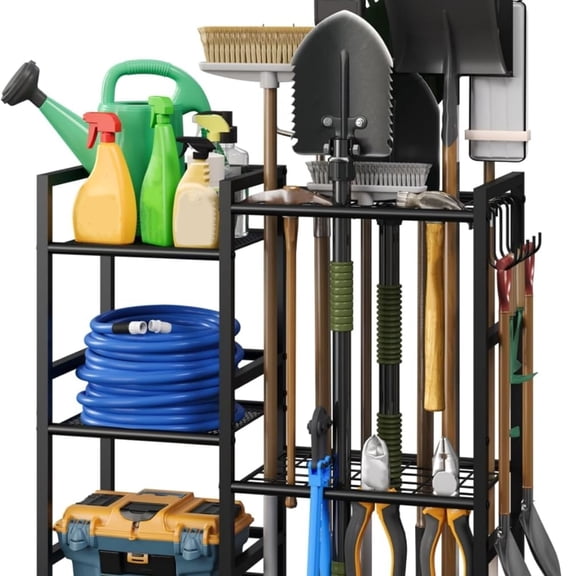 Garden Tool Organizer for Garage Organization, 3 Tier Yard Tool Storage Rack with 35 Long-Handled Tool Slots, Heavy Duty Garden Tool Holder with Large Hooks for Shed, Yard, Garage