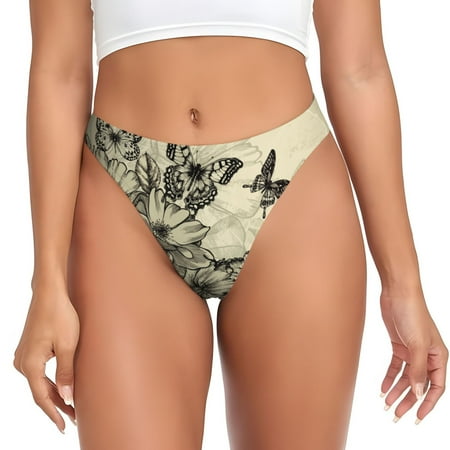 Thongs for Women - Vintage Floral Butterfly No Show Seamless Womens Thongs Underwear  Soft Stretch G String Thongs for Women Cuteness Ladies Thong Bikini Panties Briefs