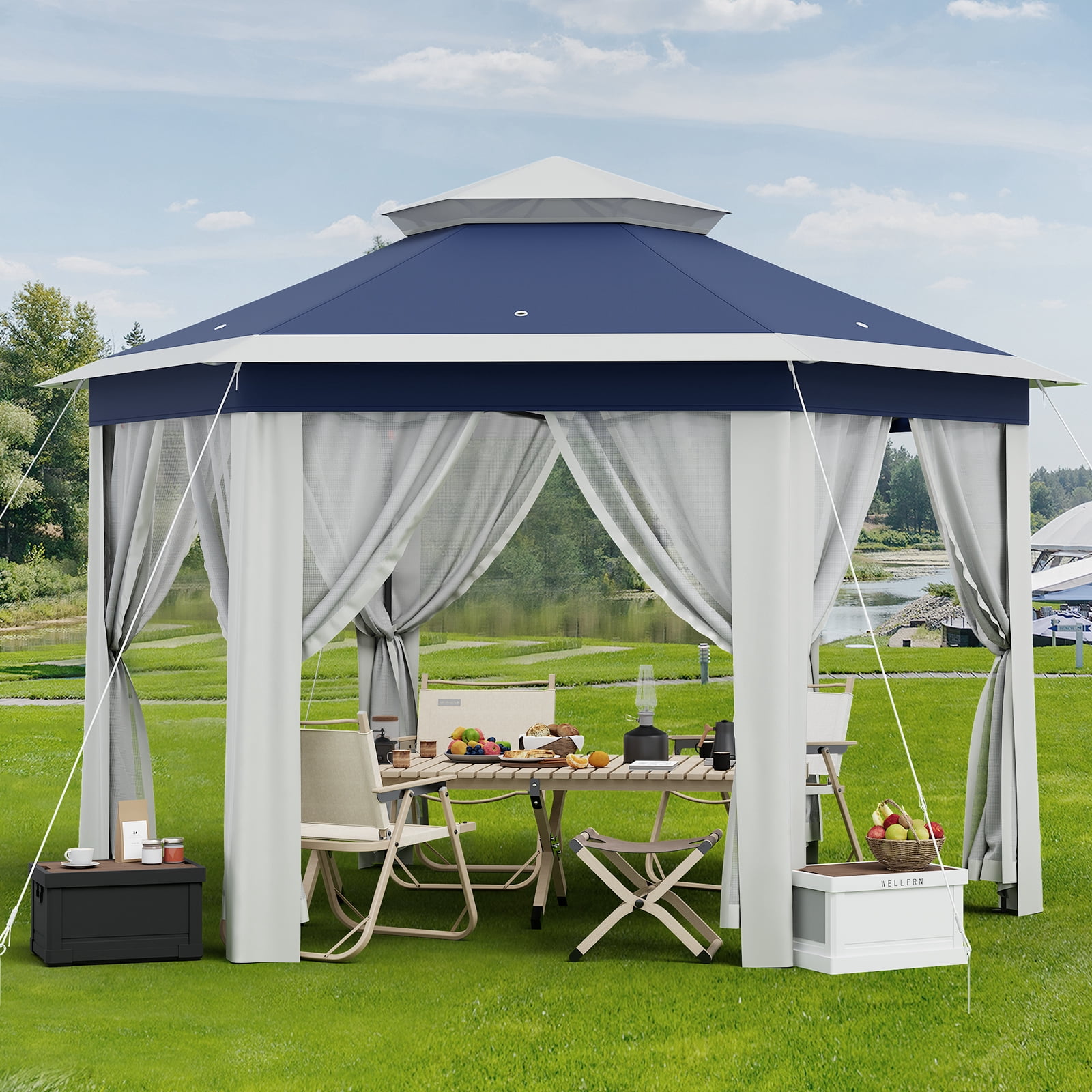 13x13 Ft Patio Gazebo, Heavy Duty Hexagonal Gazebo Canopy with Netting Sidewalls, Sturdy Steel Frame Double Roof Shelter Tent, Outdoor Pavilion for Backyard Event Party BBQ