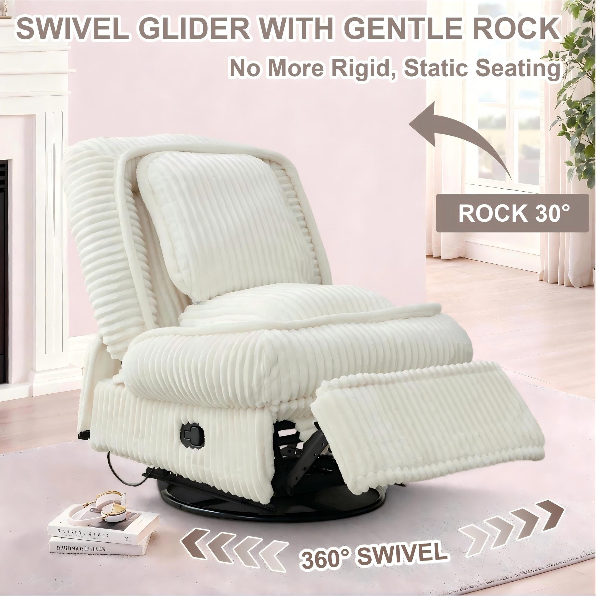Aukfa 360 Swivel Rocker Glider Recliner Chair for Living Room Nursery, Thick Pad, Corduroy, Beige