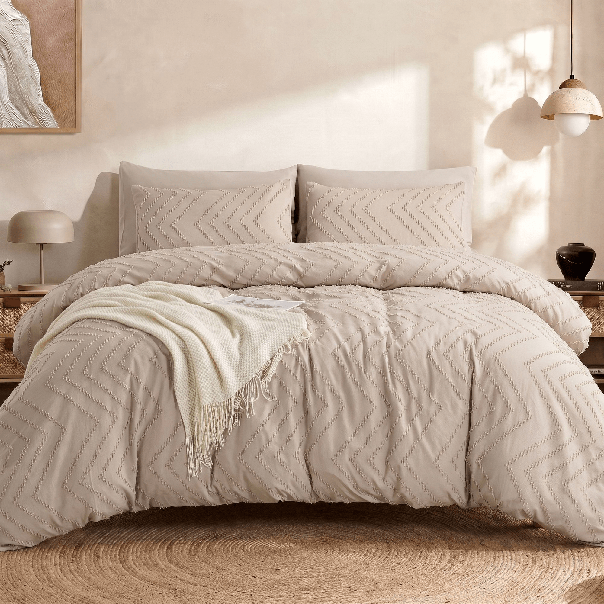 MARNUR Queen Comforter Set, 7 Pieces Boho Tufted Bed in a Bag, All-Season Prewashed Soft Bedding Set with Comforter, Sheets, Pillowcases & Shams, Beige