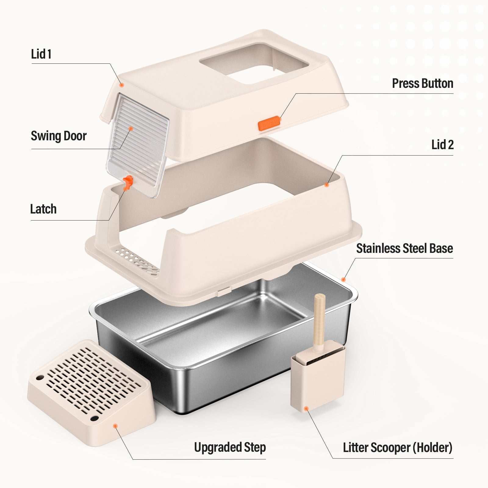 Removable Stainless Steel Cat Litter Box with lid, Front & Top Entry Kitty LitterBox，Cat Litter Box Enclosure, XL Extra Large High-Sided Metal Cat Box with Scoop,Mat,Footboard (Cream)