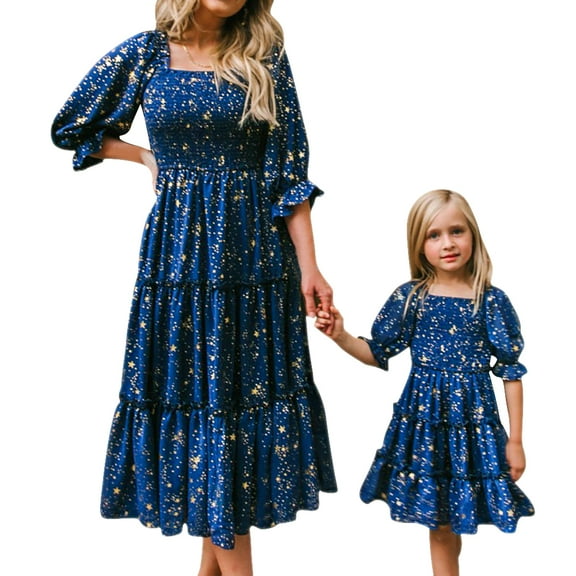 FYMNSI Girls Dresses Mommy and Me Star Print Smocked Tiered Dress Half Sleeve Spring Summer A-Line Ruffle Dress 7-8 Years