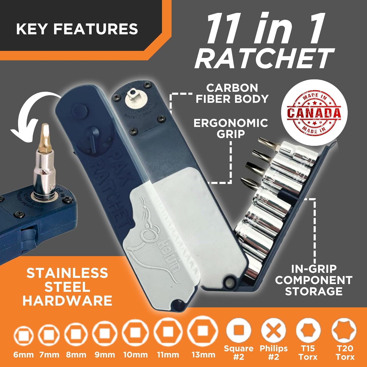 Kelvin Tools PakRatchet: Compact Right-Angled Ratchet Socket and Screwdriver Set - Mini Ratcheting Socket set and Screwdriver, 90 Degree for Tight Spaces, 11 in 1 Impact