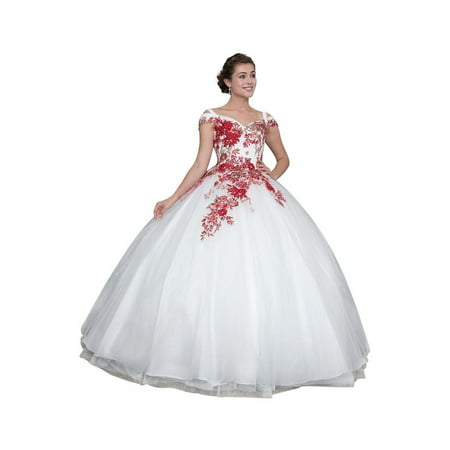 Calla Collection Womens Off White Red Off Shoulder Quinceanera Ball