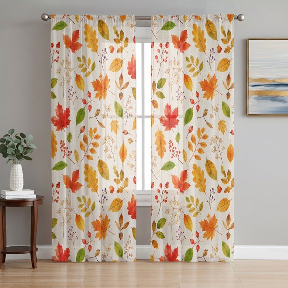 Fall Maple Leaves Sheer Curtains 96 Inch Length 2 Panels Set, Thanksgiving Botanical Autumn Rustic Voile Window Treatment Semi Sheer Long Curtains Drapes for Bedroom/Living Room/Kitchen 52"x96"x2