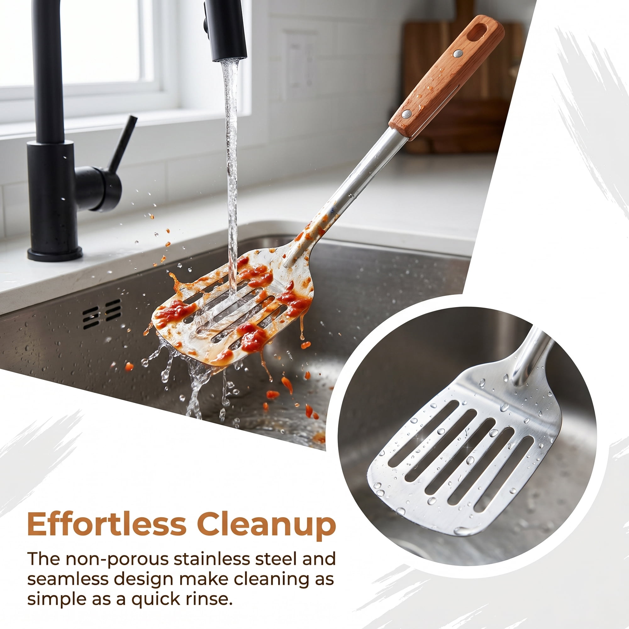 Unique Bargains Cooking Utensil Set, Stainless Steel Kitchen Gadgets Silver-Wood C 2pcs