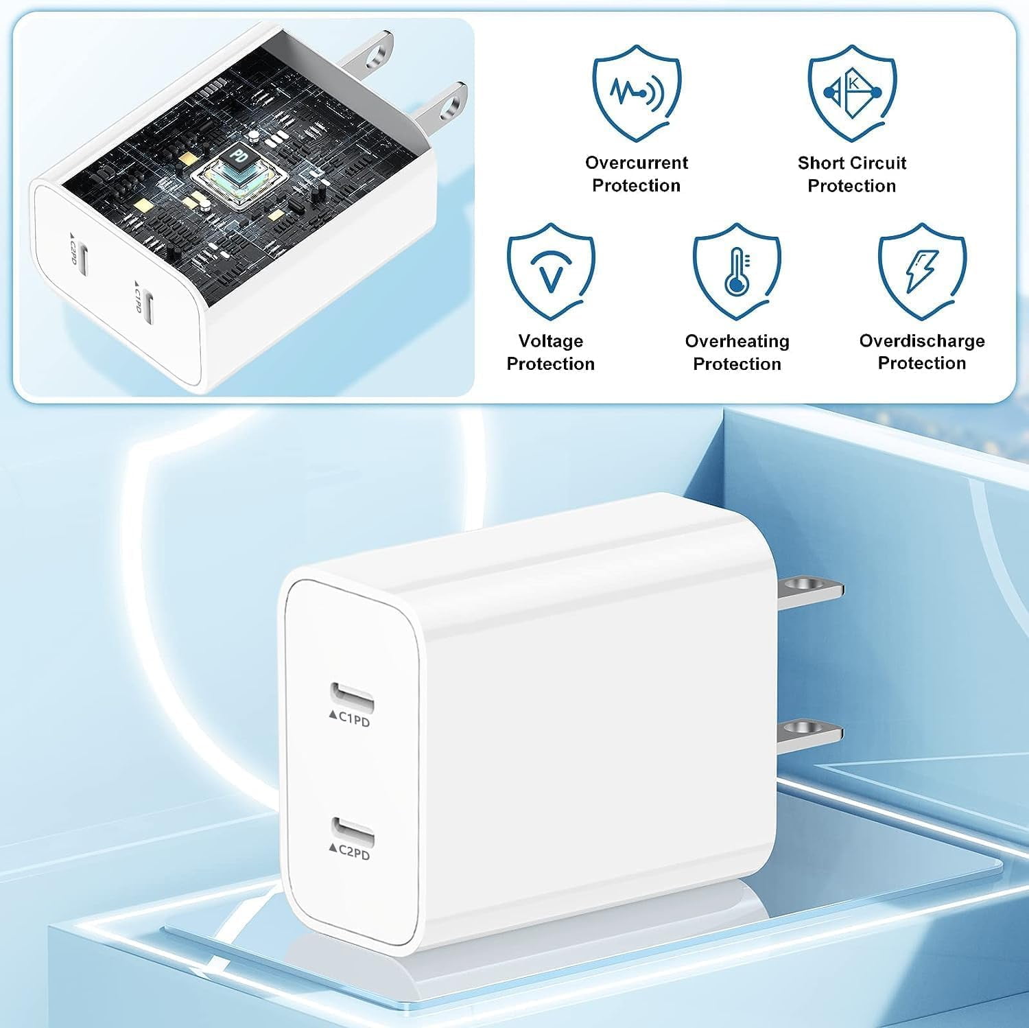 40W Dual USB C Charger Block,2-Port Fast USB-C Power Adapter Wall Charger Plug Type C Charging Block for Laptop Computer & Tablets/Phones iPhone 15/14/13/12/11/X, iPad,Samsung,Google （2 pack）