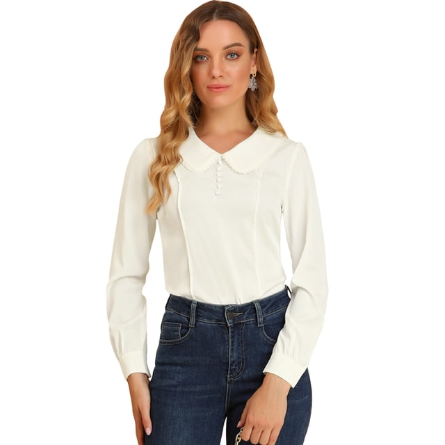 Blusa de Gasa Casual Allegra K Con Cuello Peter Pan De Manga Larga Con Botones Decorativos Para Mujer Blanco XS
