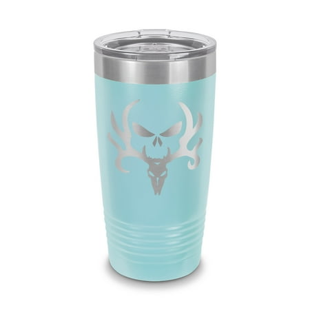 

Bone Collector Deer Hunting Tumbler 20 oz - Laser Engraved w/ Clear Lid - Stainless Steel - Vacuum Insulated - Double Walled - Travel Mug - bowhunting skull hunter steer - Light Blue