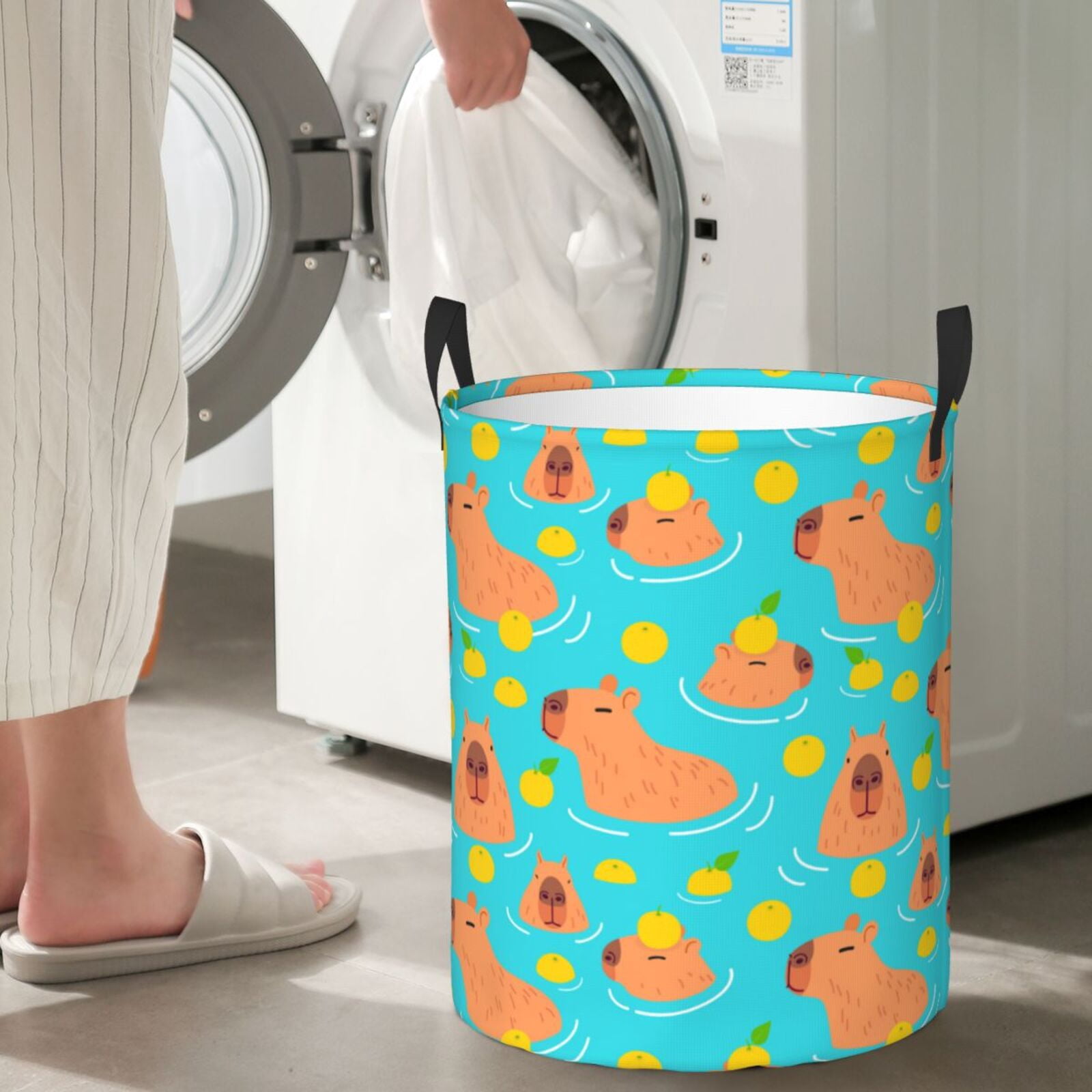 Large Laundry Basket with Handles - Swim Capybaras Orange Kids Baby Dirty Clothes Laundry Hamper for Bedroom Aesthetic