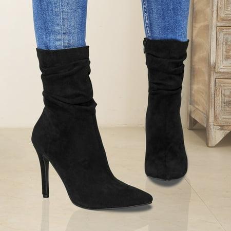 

Women‘s Pointed Toe Stiletto Heeled Short Boots Side Zipper Slouchy Boots Women‘s Footwear