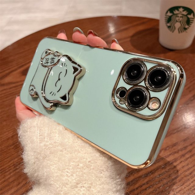 Funda de dibujos animados de gato de la fortuna para iPhone 14 Plus, 11, 12, 13, 14 Pro Max, X, Xs, Xr, 7, 8 Plus, SE, 2020, 2023 Fivean unisex